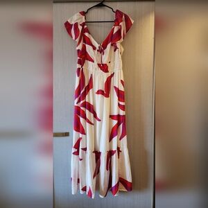 Nine West Red & Magenta Tropical Print Maxi Dress – Size M (NWOT)